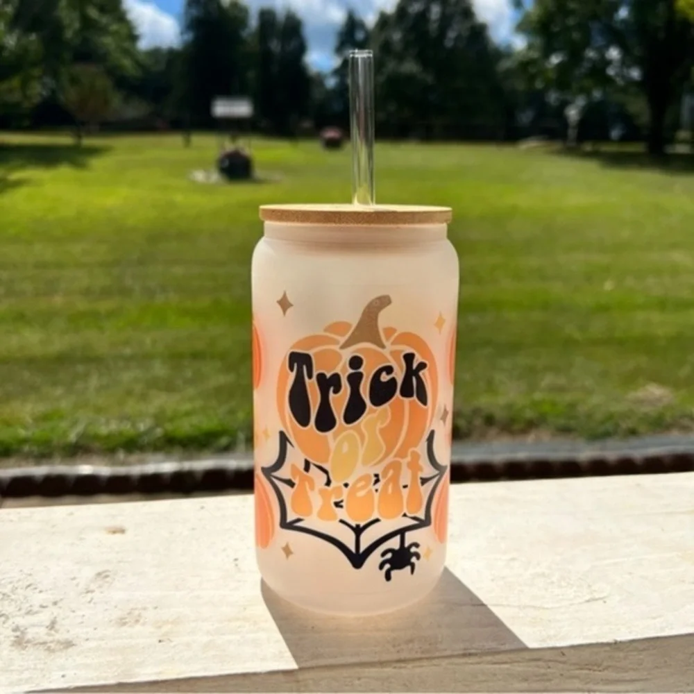 Handmade Trick or Treat Halloween 16oz Frosted Glass Cup